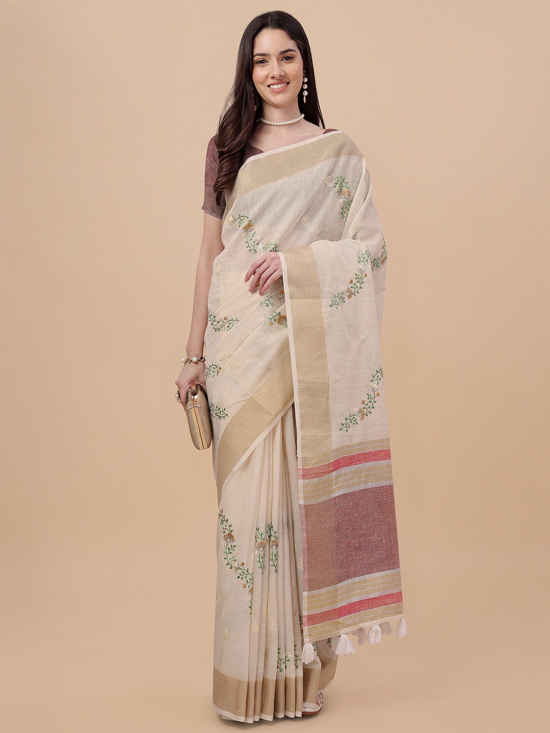 

Mitera Floral Zari Pure Linen Saree, Cream