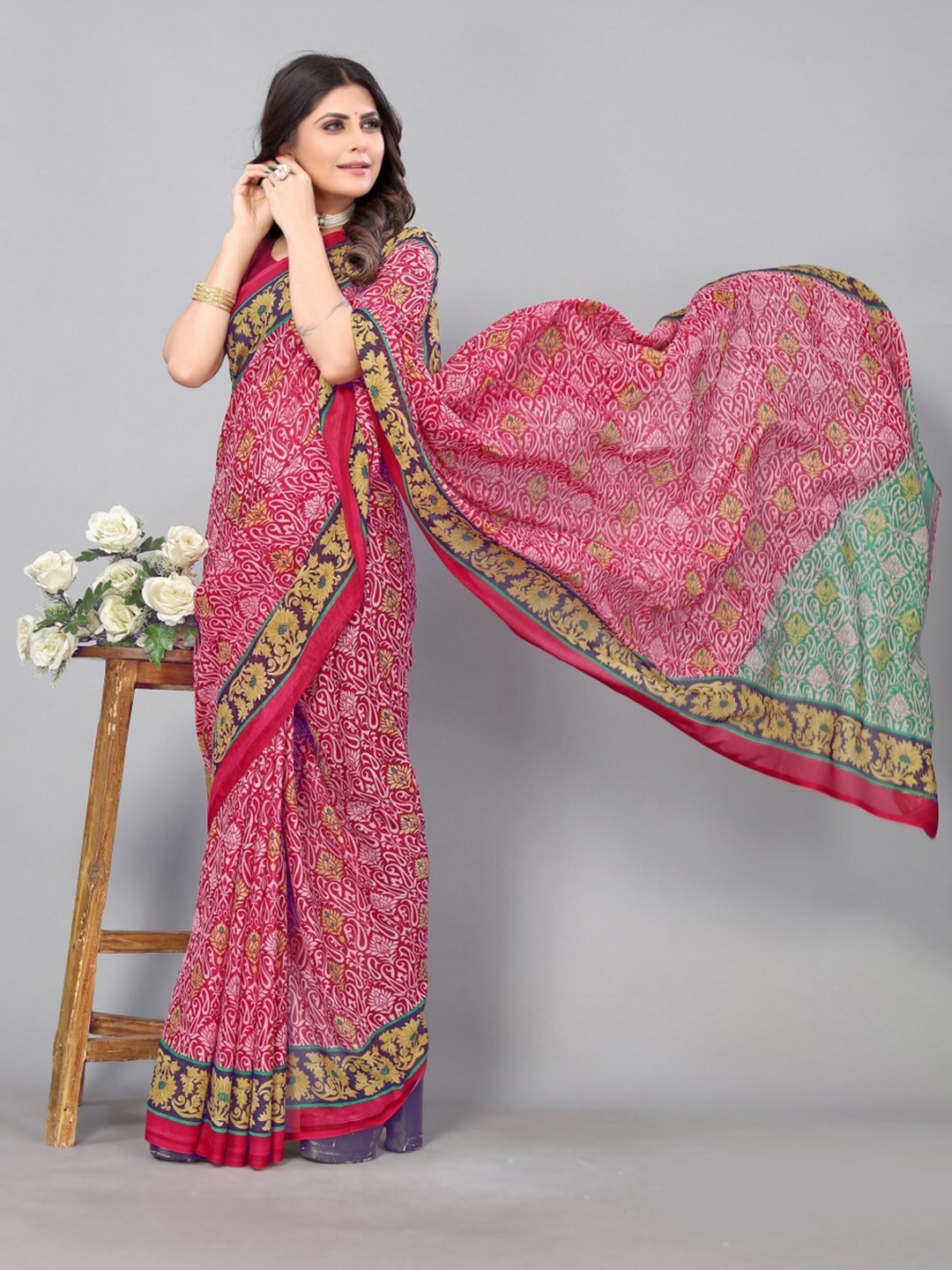 

KALINI Floral Print Saree, Pink
