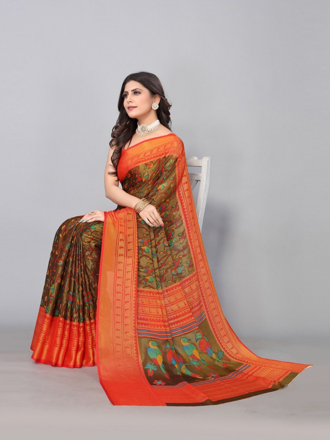 

KALINI Floral Print Brasso Saree, Brown
