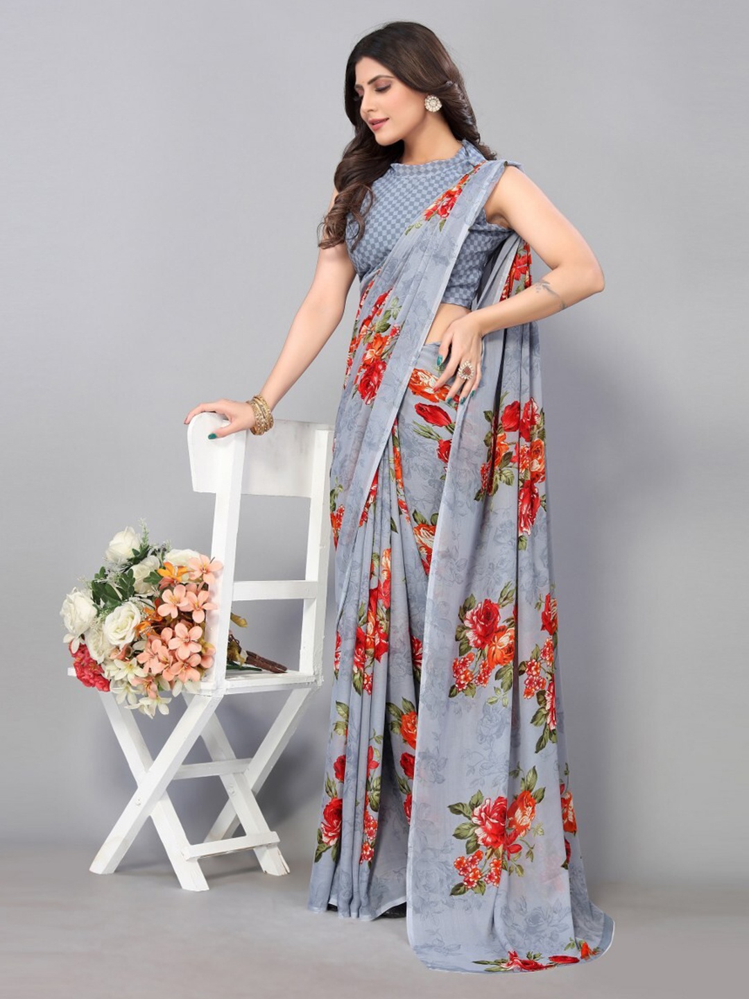 

KALINI Floral Saree, Grey