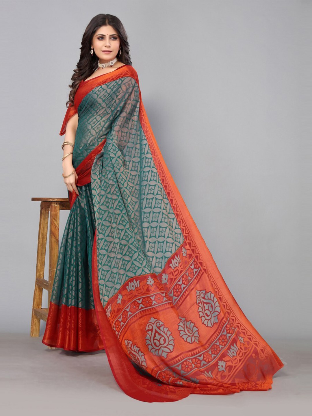 

KALINI Floral Brasso Saree, Teal