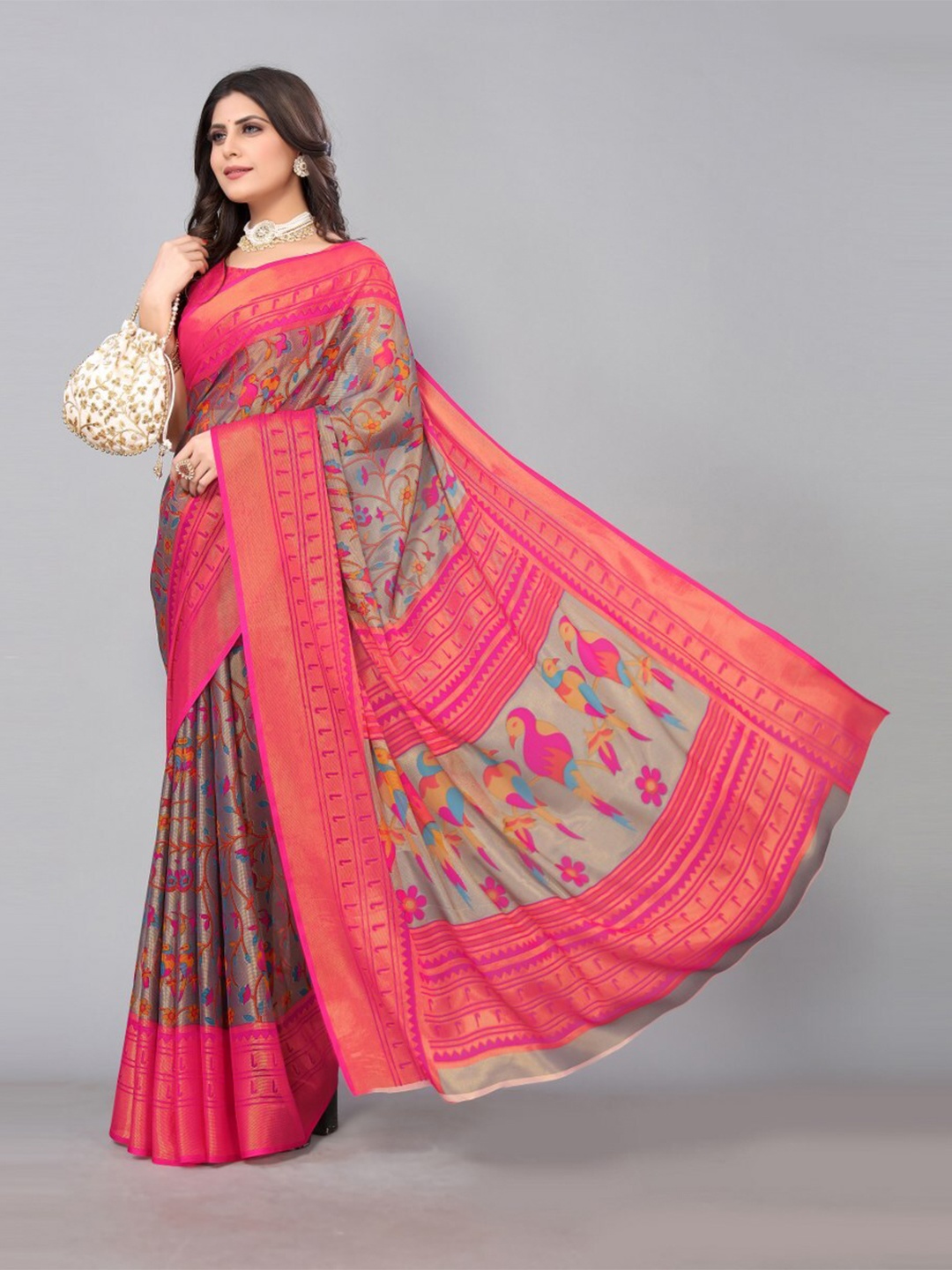 

KALINI Floral Brasso Saree, Brown
