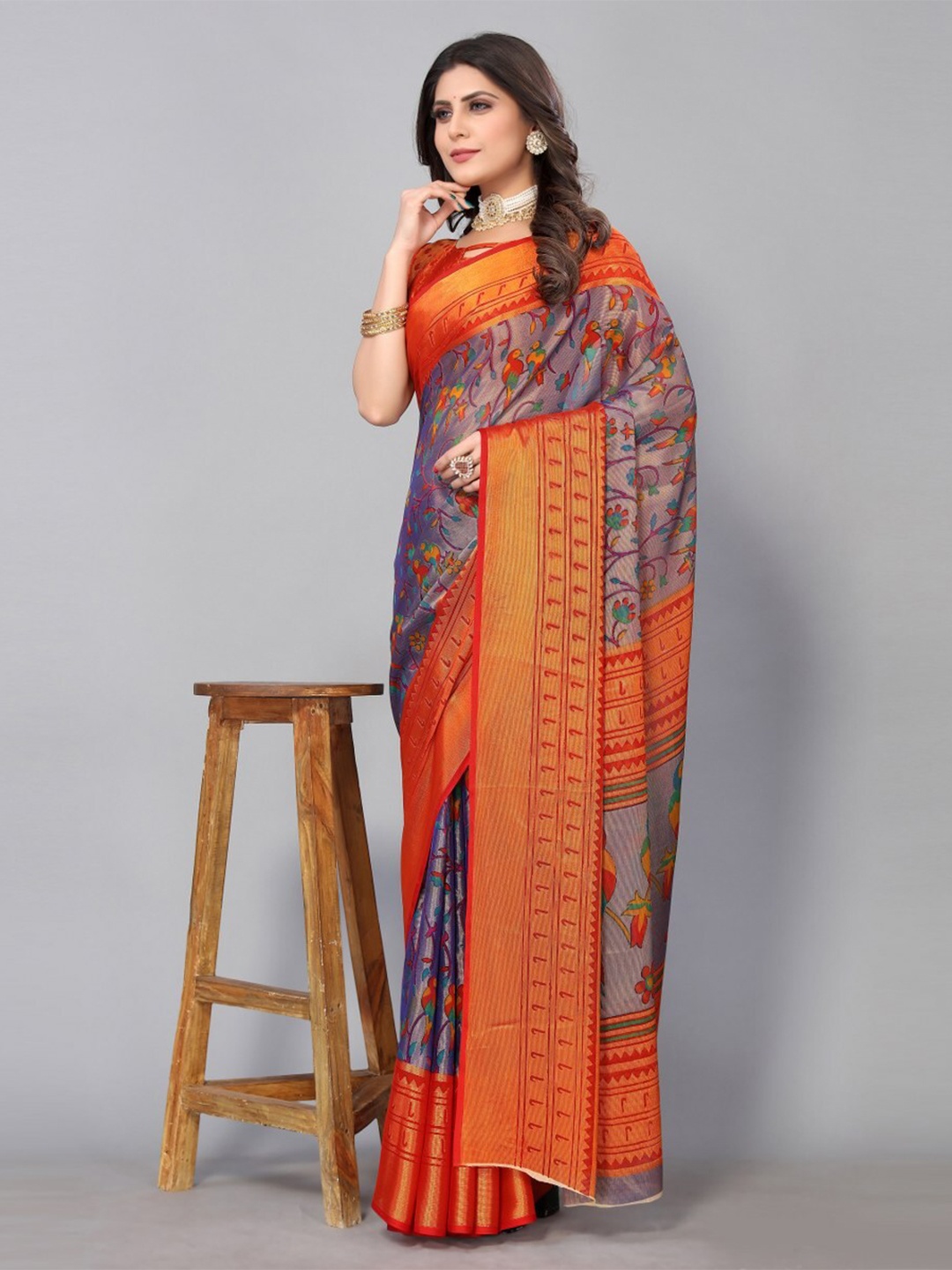 

KALINI Floral Print Brasso Saree, Brown