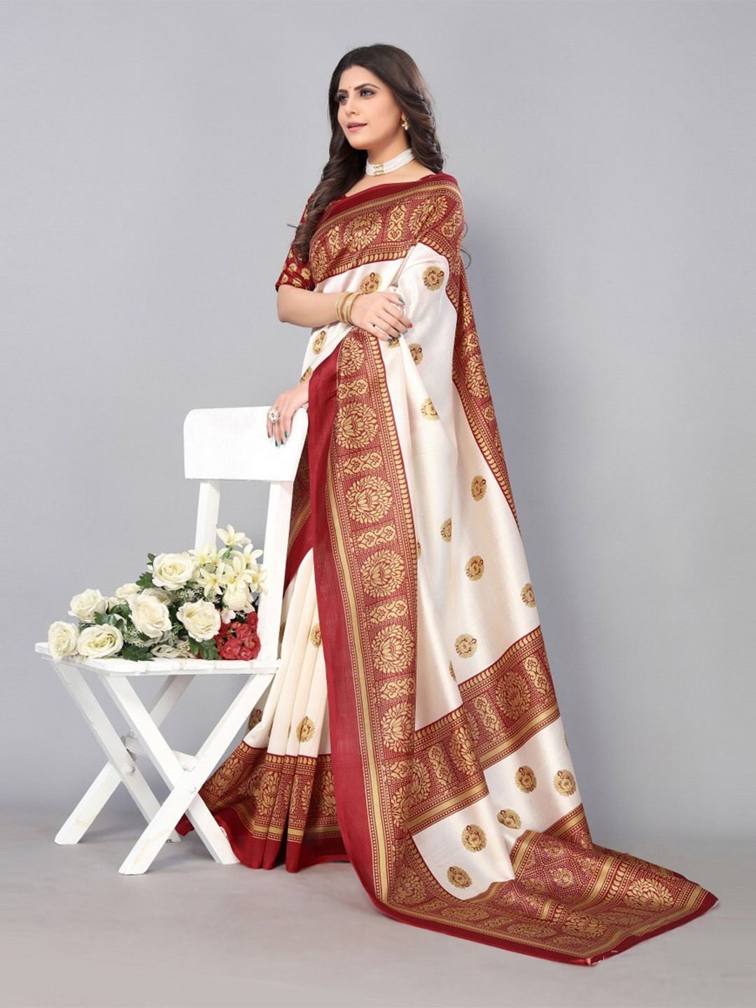 

KALINI Kalamkari Print Saree, White