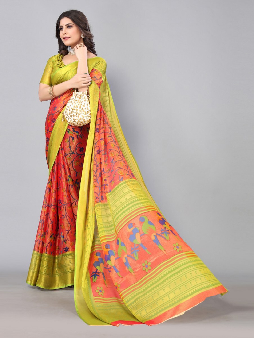 

KALINI Floral Printed Saree, Orange