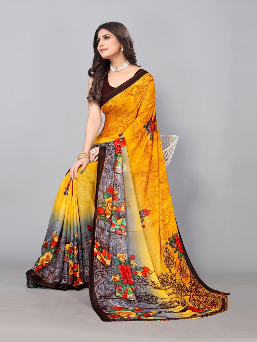 

KALINI Floral Printed Poly Georgette Saree, Yellow