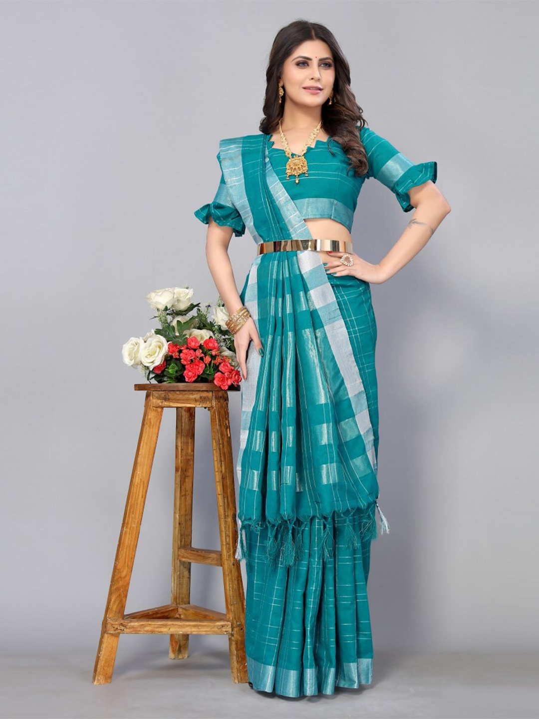 

KALINI Checked Zari Silk Cotton Saree, Teal