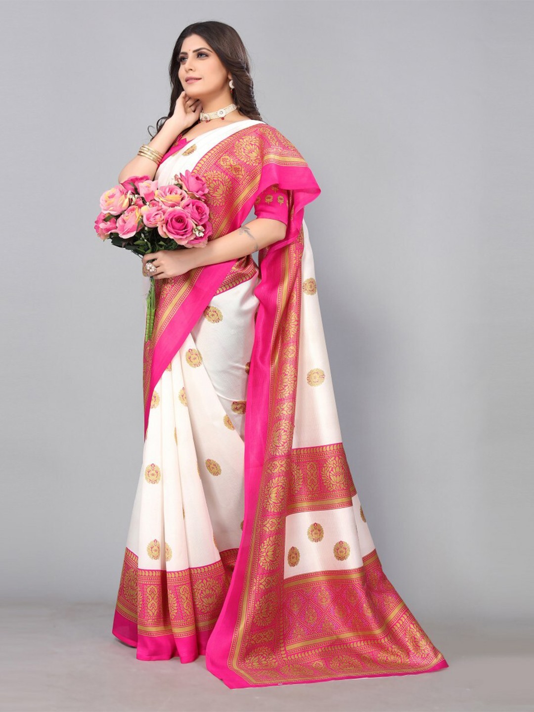 

KALINI White & Pink Ethnic Motifs Art Silk Saree