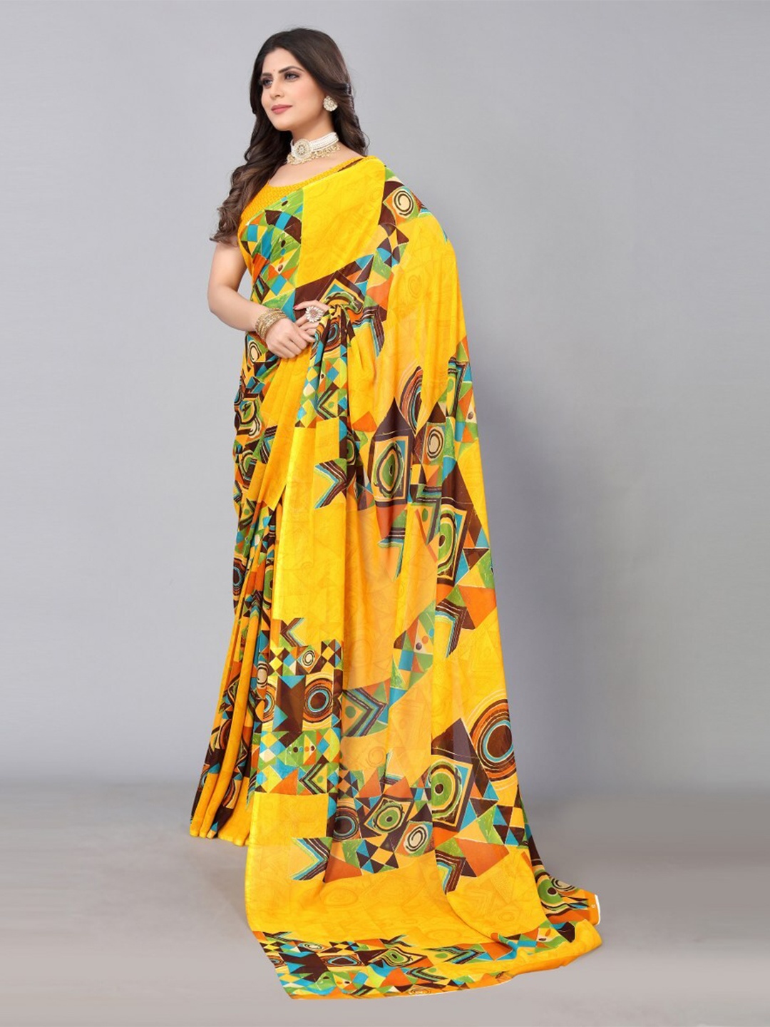 

KALINI Geometric Printed Saree, Yellow