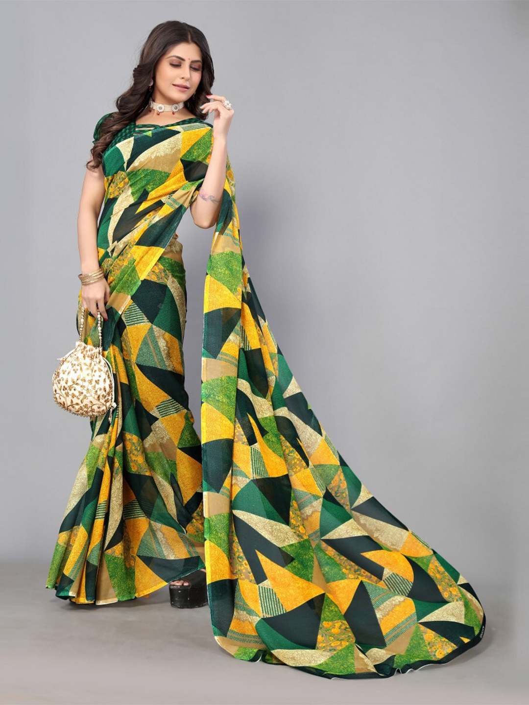

KALINI Geometric Printed Saree, Yellow