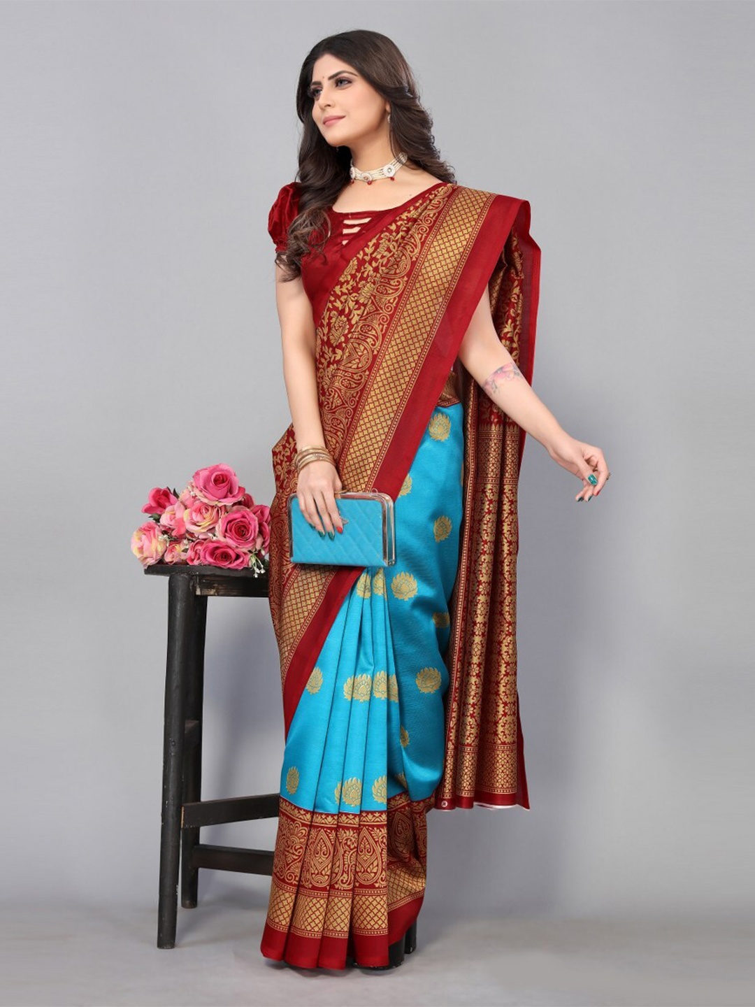 

KALINI Ethnic Motifs Printed Art Silk Saree, Teal