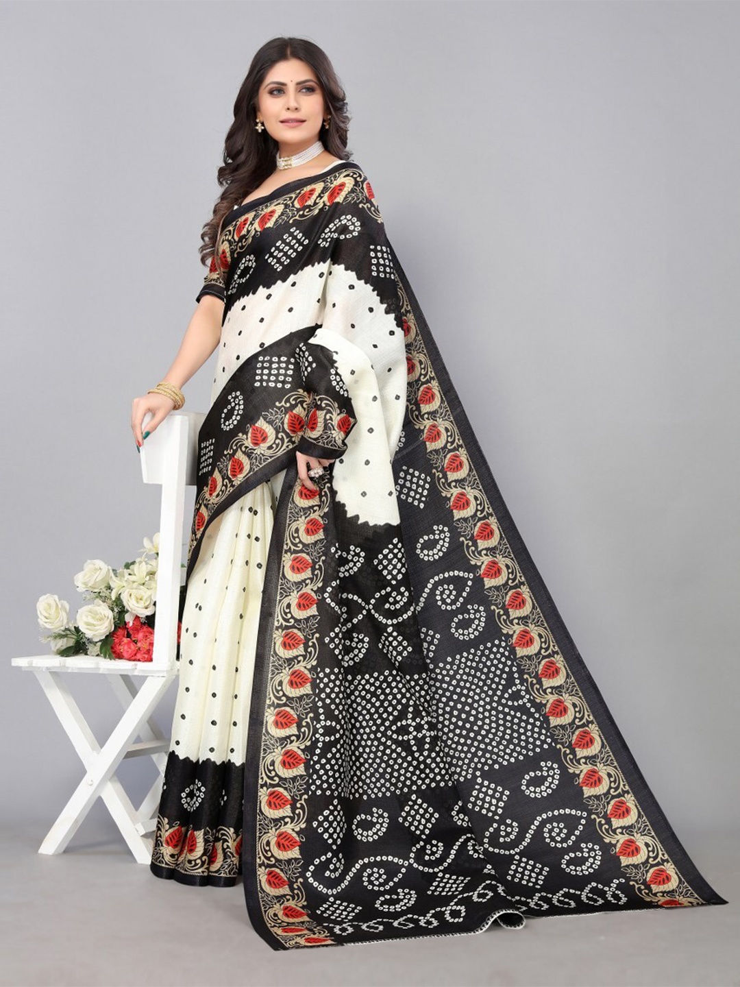 

KALINI Black & White Ethnic Motifs Art Silk Saree