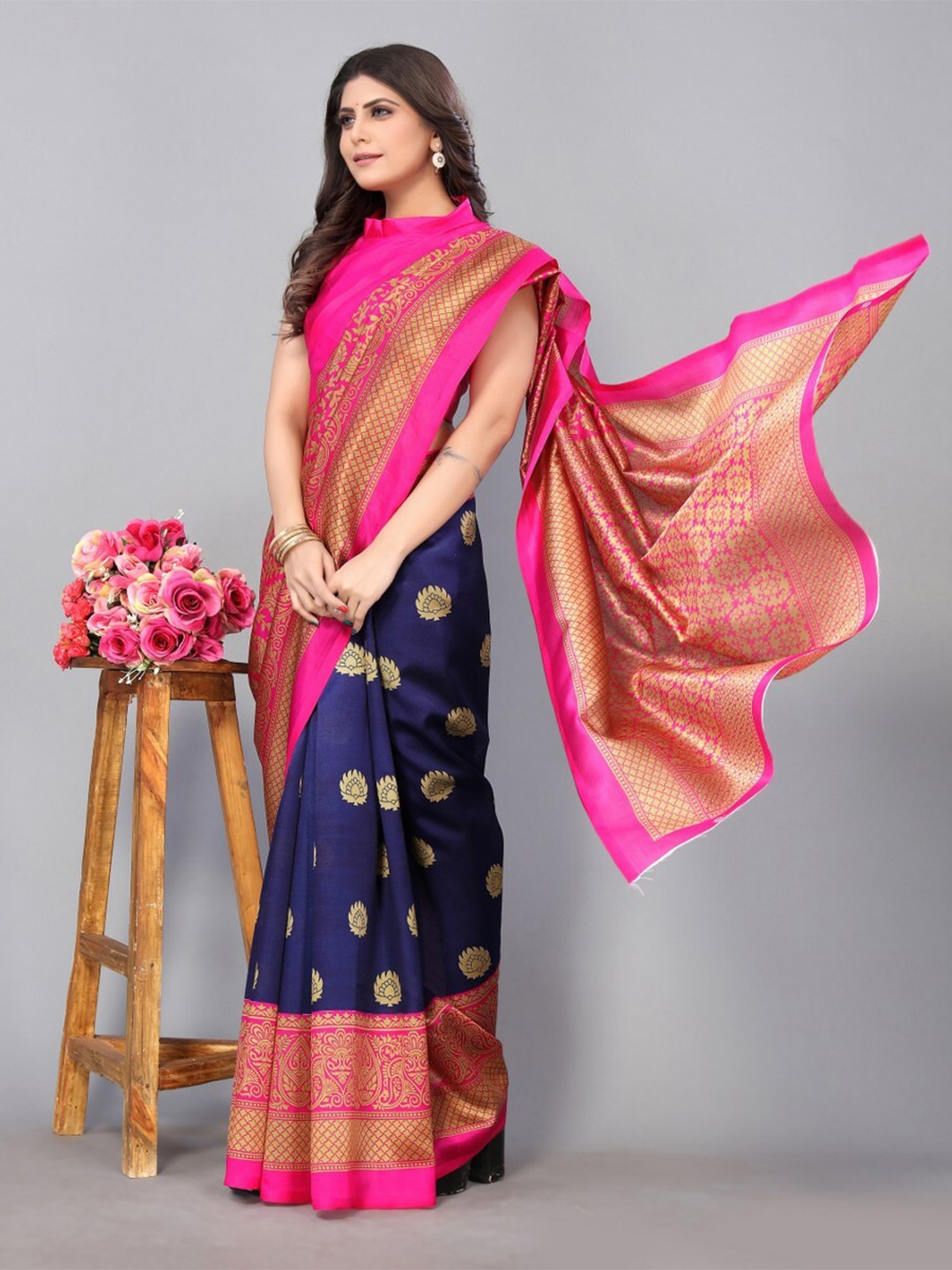 

KALINI Navy Blue & Pink Ethnic Motifs Art Silk Saree