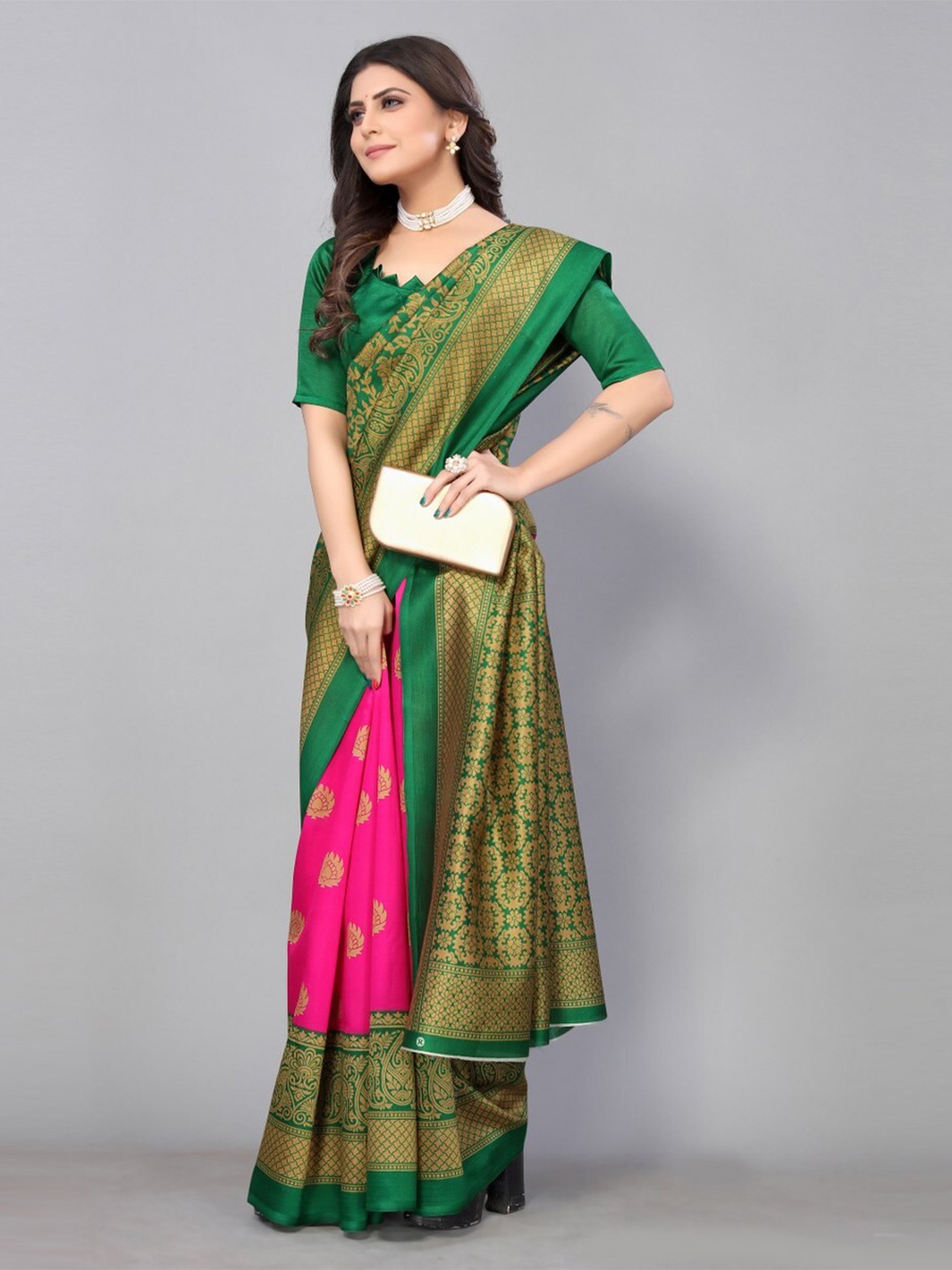 

KALINI Pink & Green Ethnic Motifs Art Silk Saree