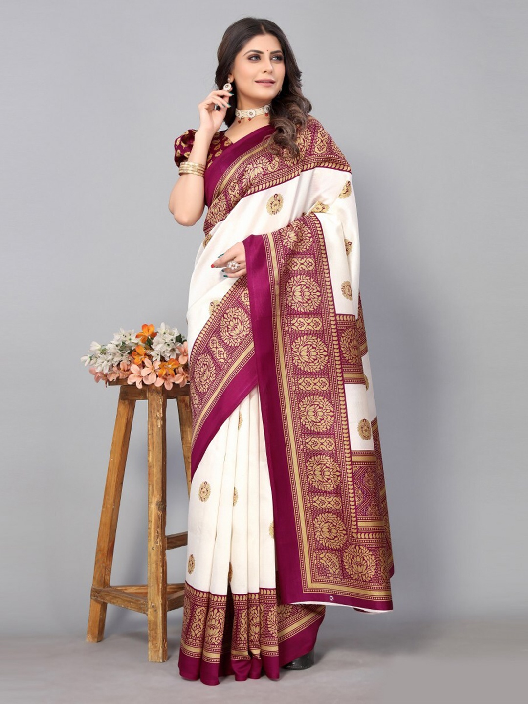 

KALINI White & Maroon Ethnic Motifs Art Silk Saree