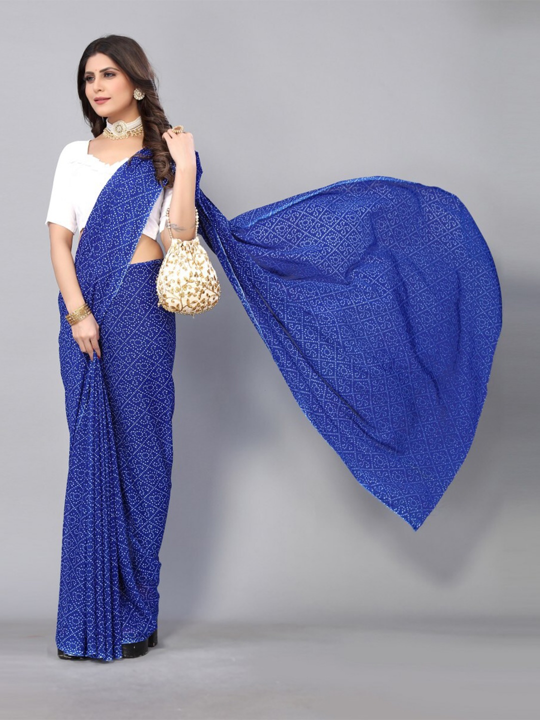 

KALINI Bandhani Printed Saree with Unstitched Blouse Piece, Blue