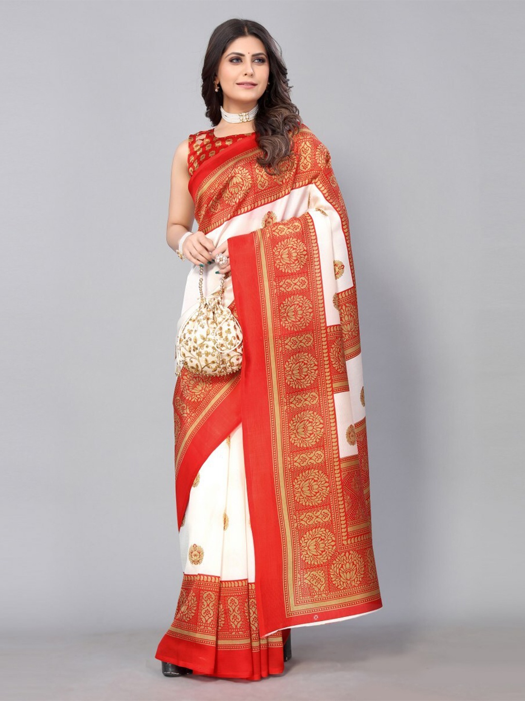 

KALINI White & Red Ethnic Motifs Art Silk Saree