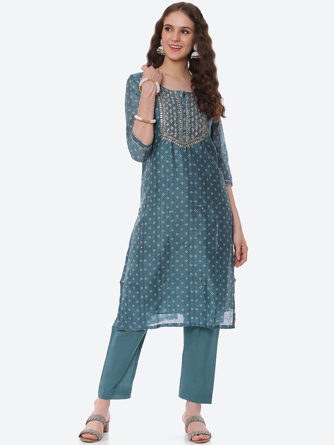 

Meena Bazaar Women Printed Sequinned Kurta with Trousers, Blue