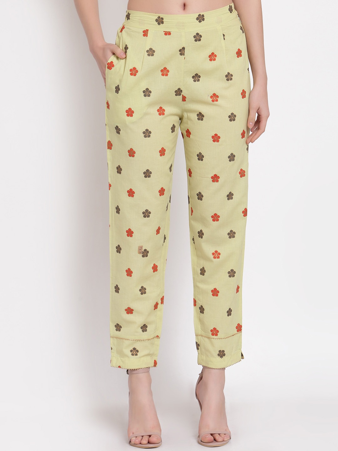 

Indibelle Women Floral Printed Relaxed Cotton Trouser, Yellow