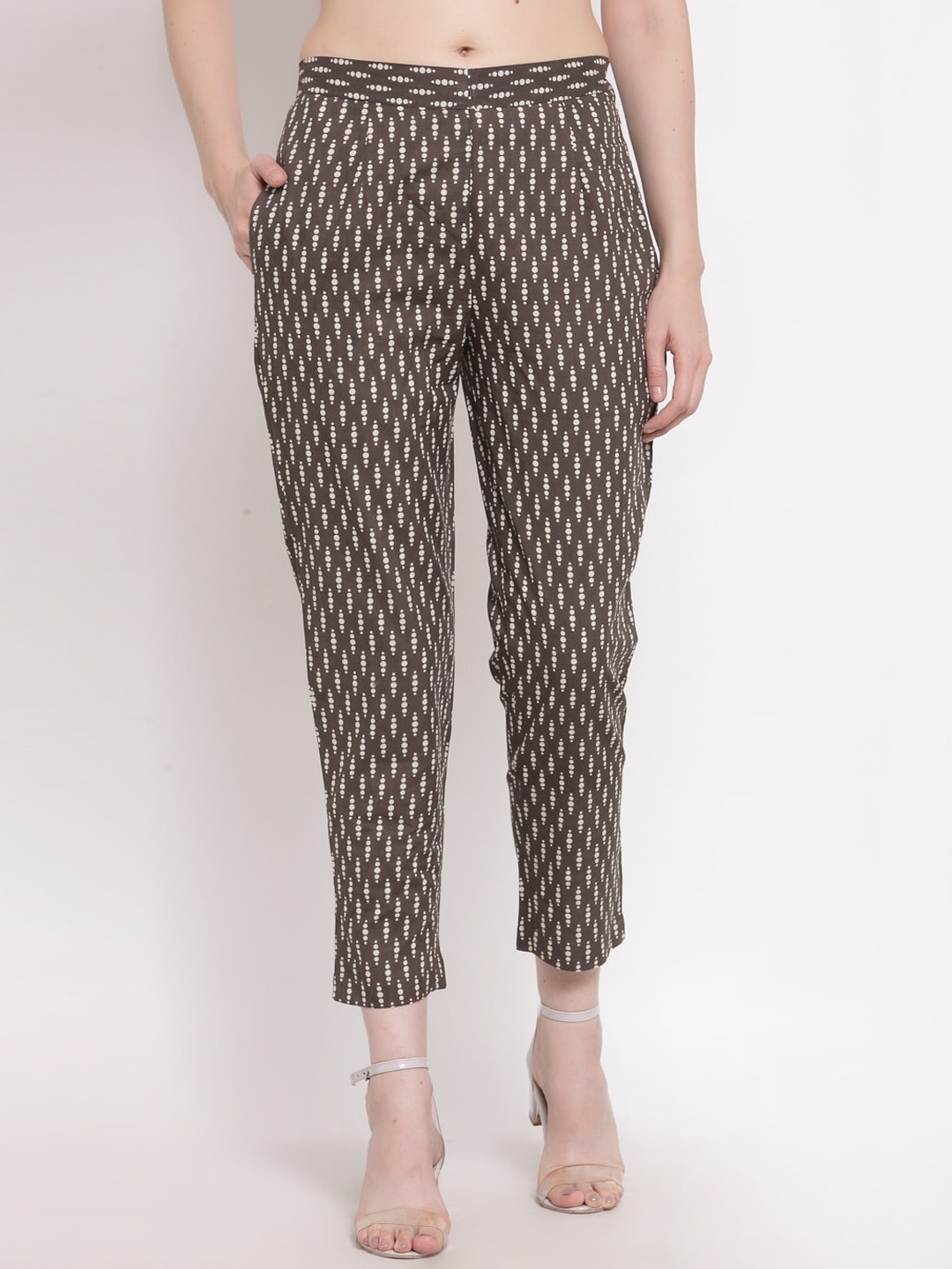 

Indibelle Women Printed Relaxed Cotton Trouser, Coffee brown