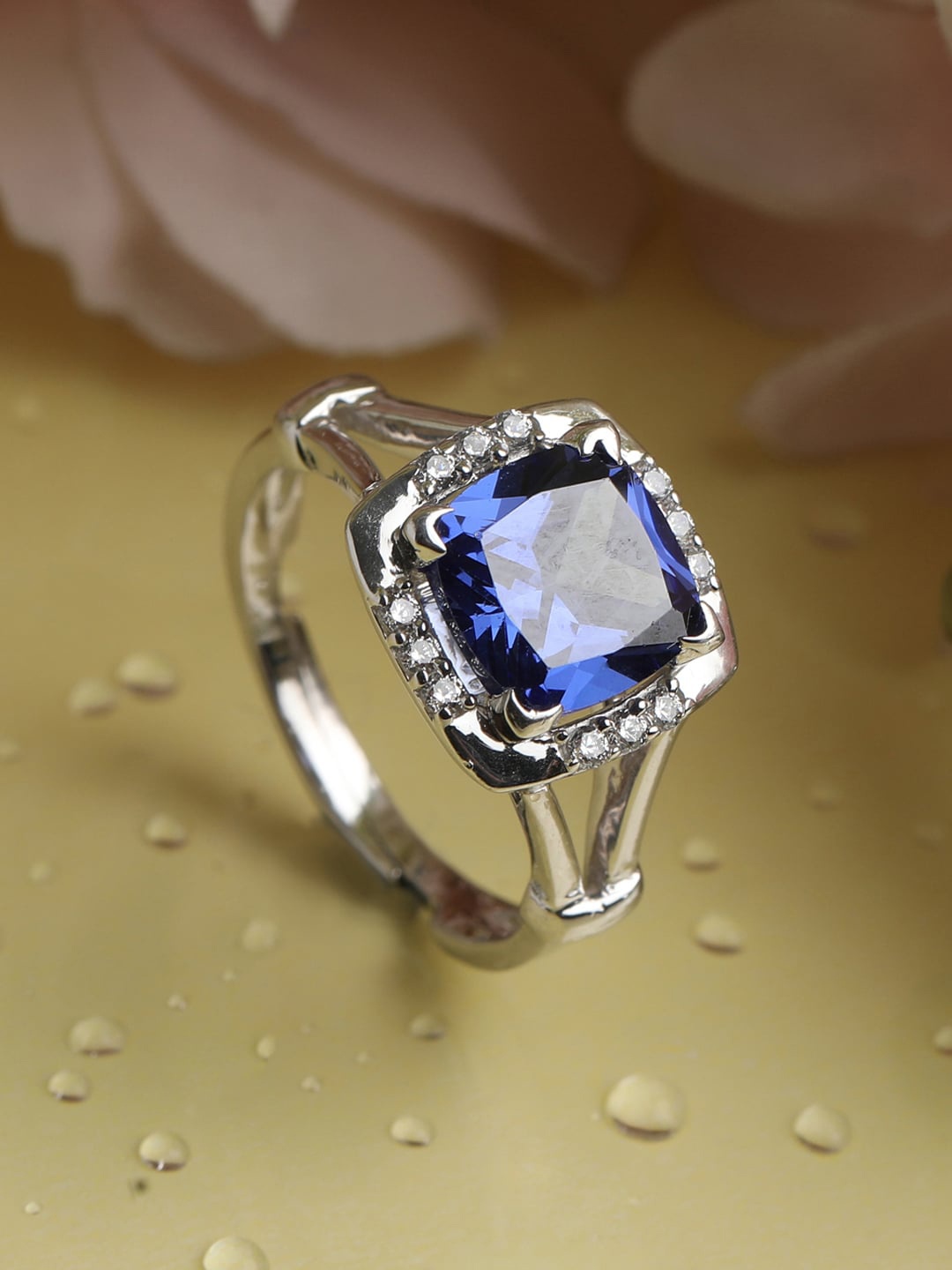 

Clara Women Rhodium-Plated CZ-Studded Adjustable Finger Ring, Blue