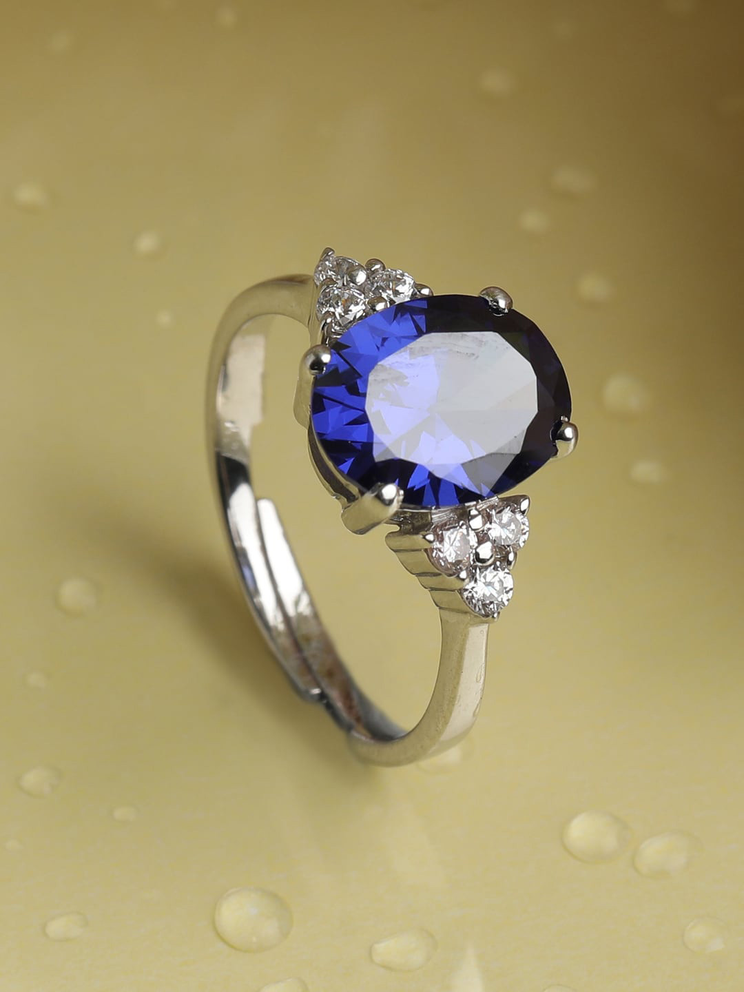 

Clara Women 925 Sterling Silver & Rhodium-Plated CZ Studded Adjustable Finger Ring, Blue