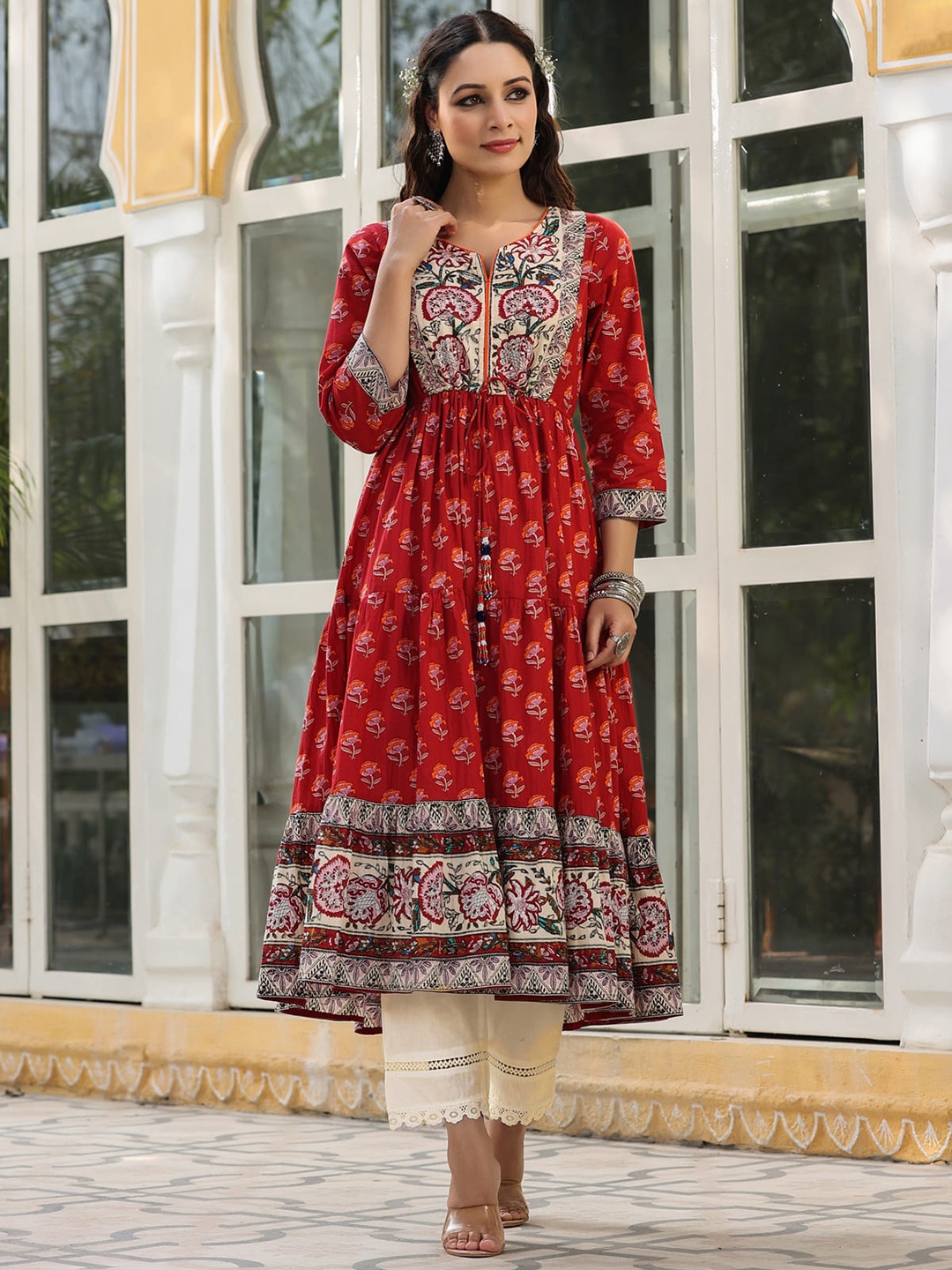 

Rain & Rainbow Ethnic Motifs Printed Cotton Tiered Ethnic Dress, Red