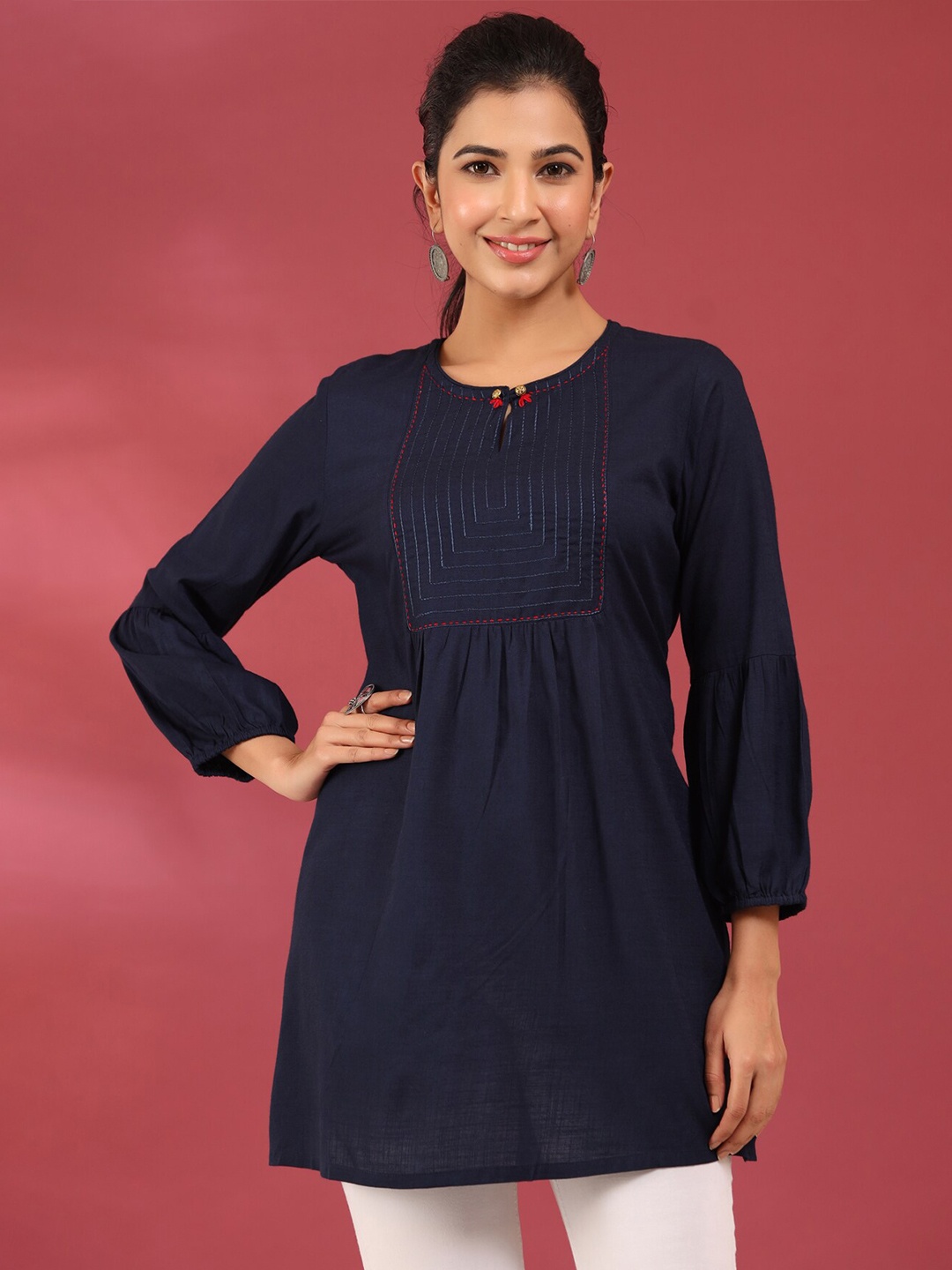 

Rain & Rainbow Thread Work A-Line Kurti, Navy blue