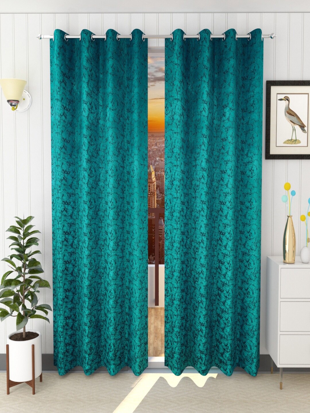 

Homefab India Turquoise Blue & Black Set of 2 Room Darkening Long Door Curtains 9 Feet