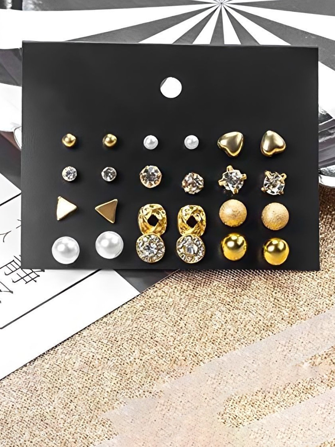 

ANNA CREATIONS Set of 12 Contemporary Studs Earrings, Gold