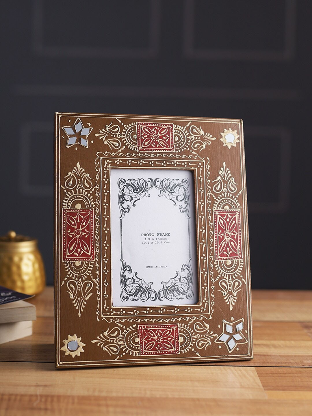 

Aapno Rajasthan Brown Rajsthani Print with Mirror Work Wooden Photo Frame
