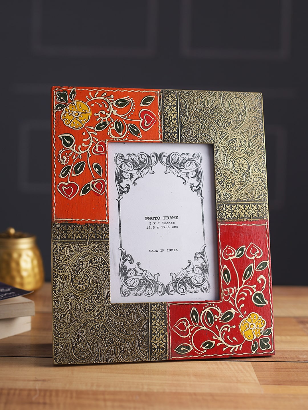 

Aapno Rajasthan Red & Gold Toned Embossed Brass Work Wooden Photo Frame