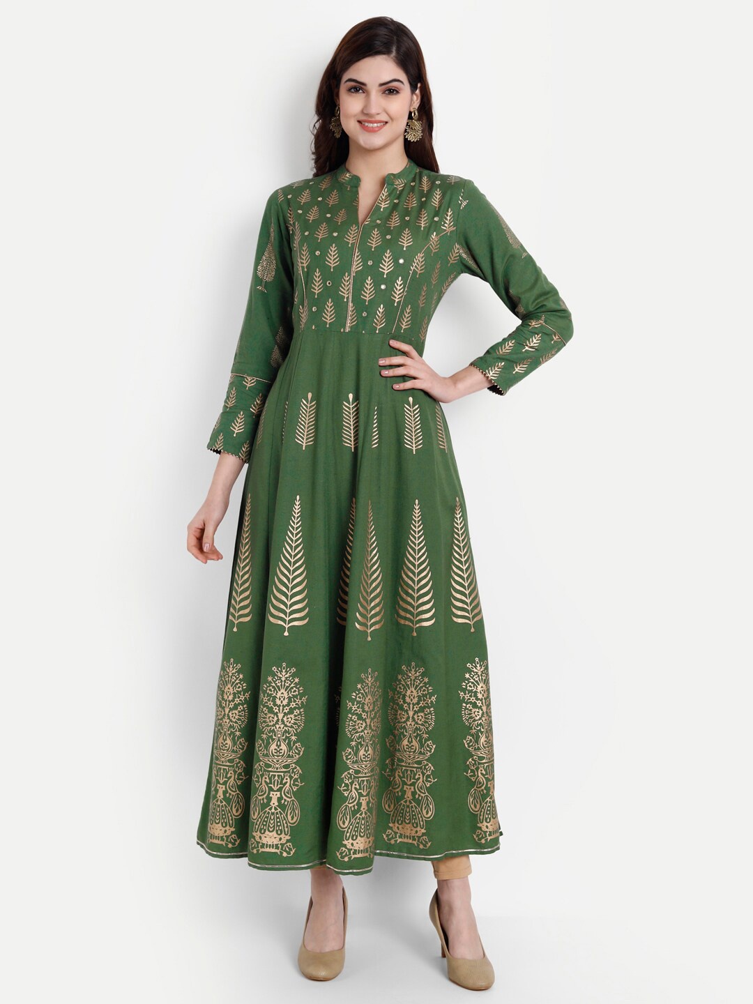 

fabGLOBAL Ethnic Motifs Printed Mandarin Collar Kurta, Green