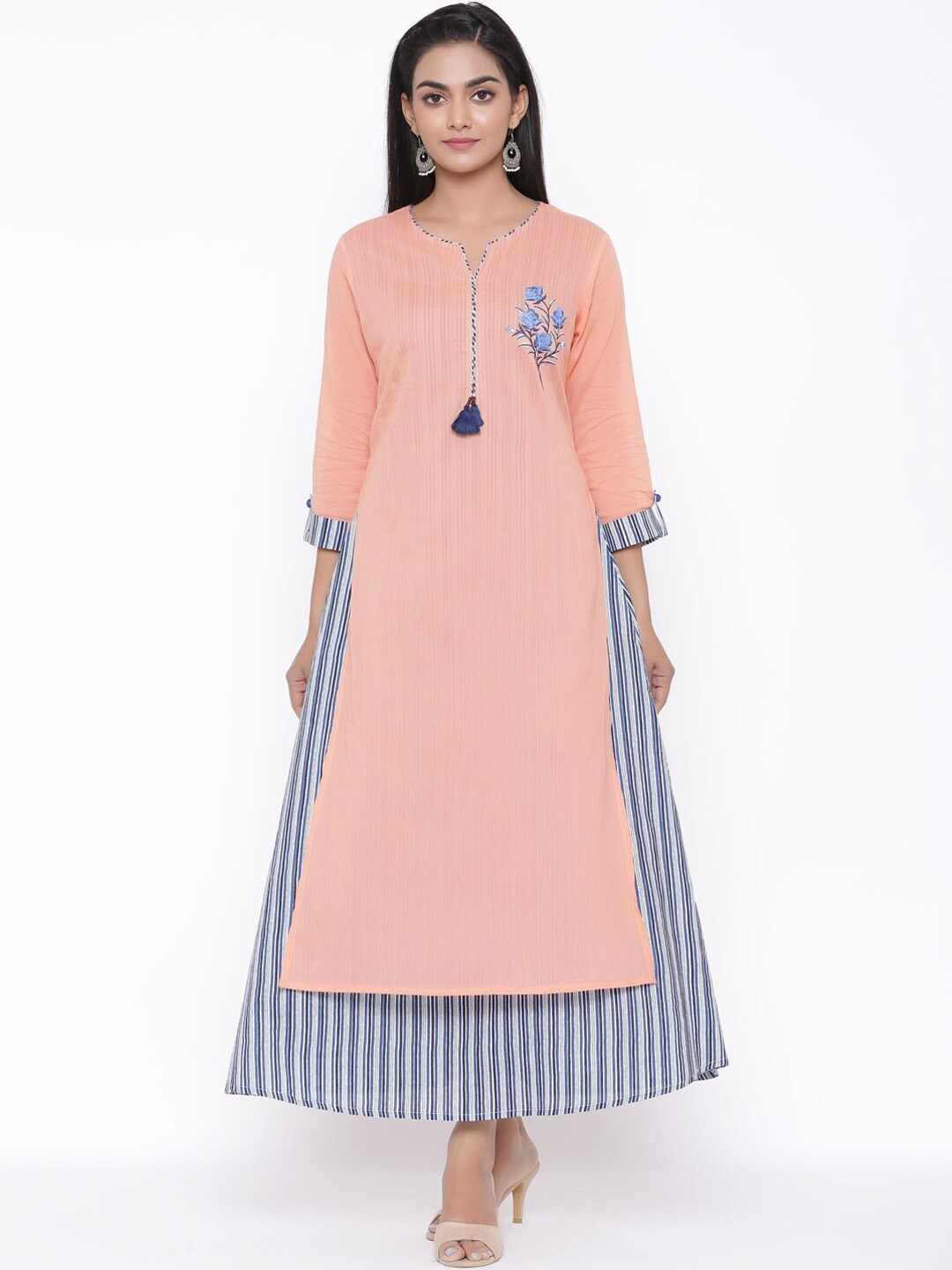 

fabGLOBAL Floral Embroidered Round Neck A-Line Cotton Kurta, Peach