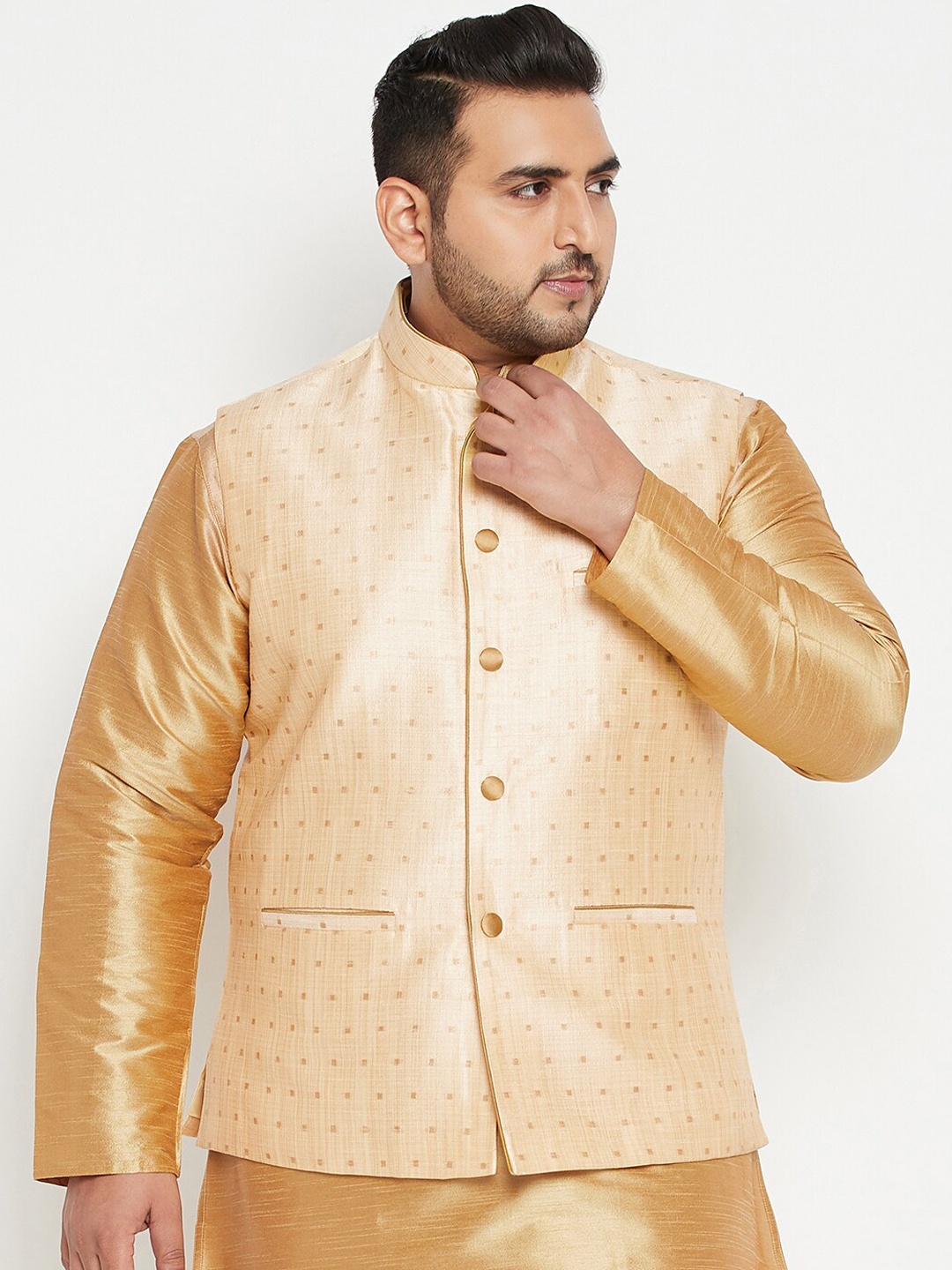 

VASTRAMAY Men Plus Size Woven Design Nehru Jacket, Gold