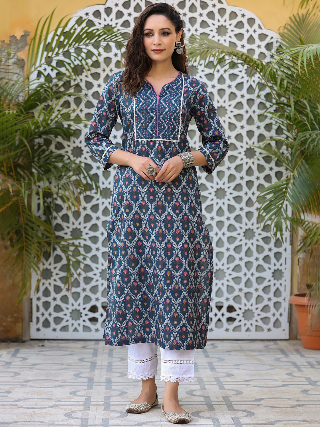 

Rain & Rainbow Ethnic Motifs Cotton Printed Kurta, Blue