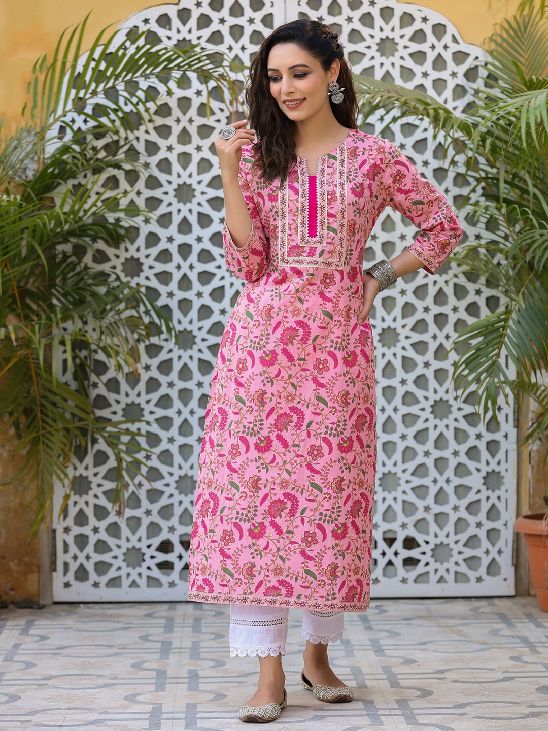 

Rain & Rainbow Floral Printed A-line Calf-Length Kurta, Pink