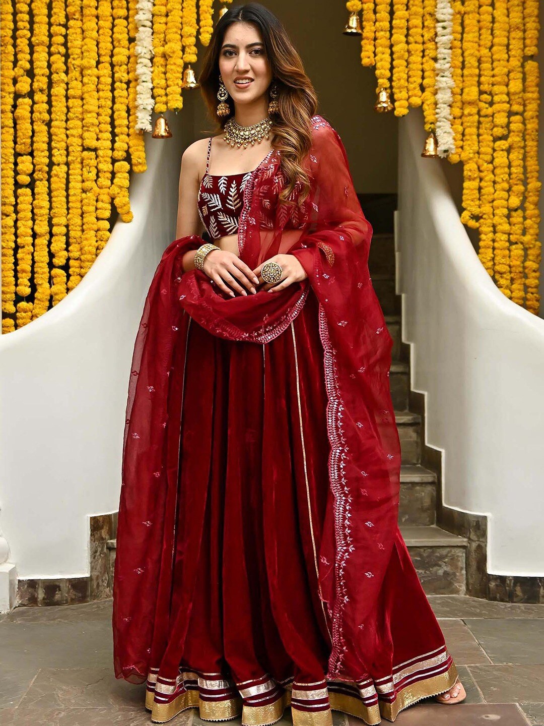 

Lavanya The Label & Embroidered Ready to Wear Lehenga & Blouse With Dupatta, Maroon