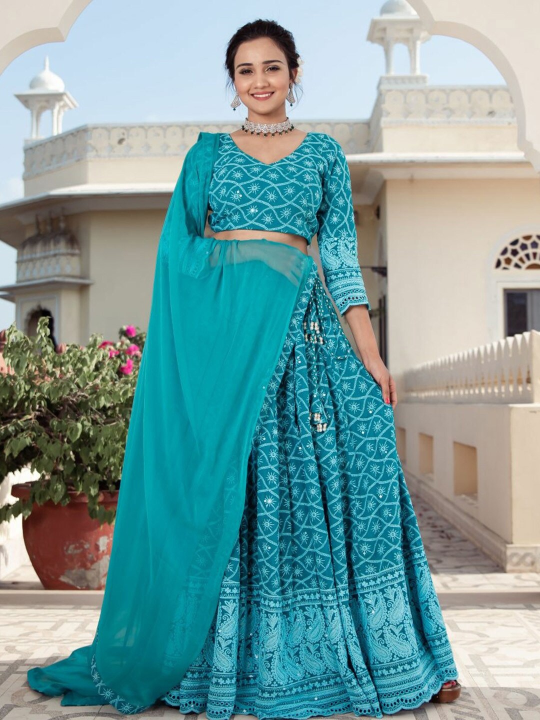 

Lavanya The Label Printed Thread Work Ready to Wear Lehenga & Blouse With Dupatta, Turquoise blue