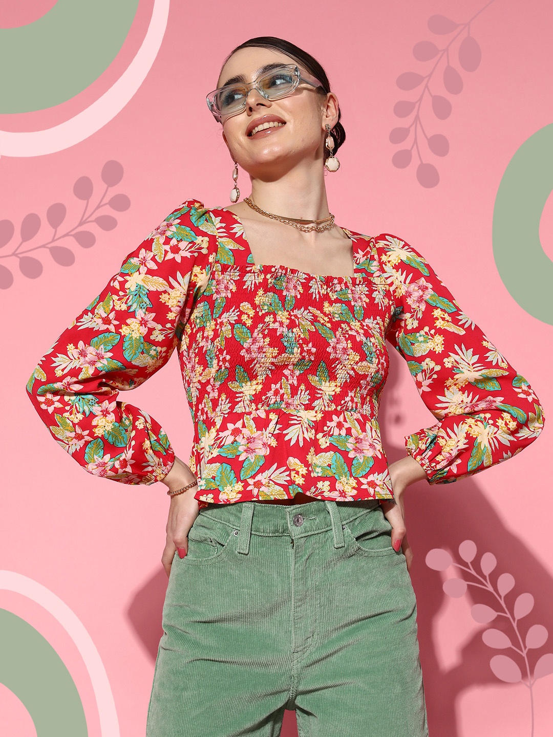 

Berrylush Red & Green Floral Print Bishop Sleeves Crepe Peplum Crop Top