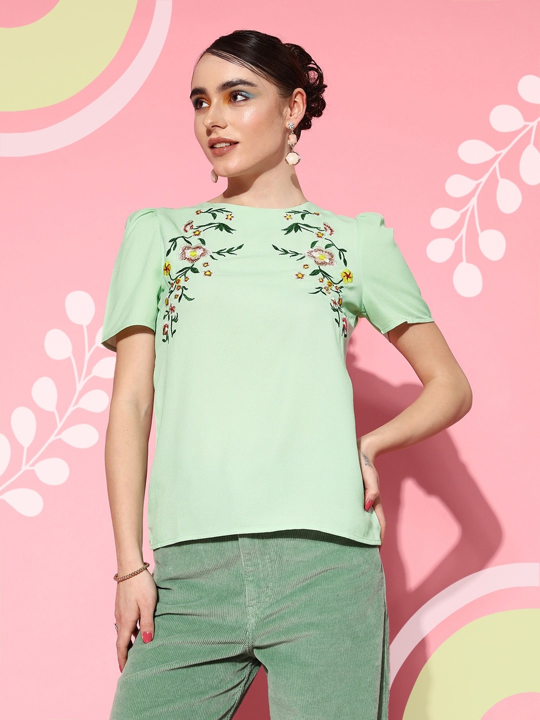 

Berrylush Women Floral Print Embroidered Puff Sleeves Crepe Top, Green
