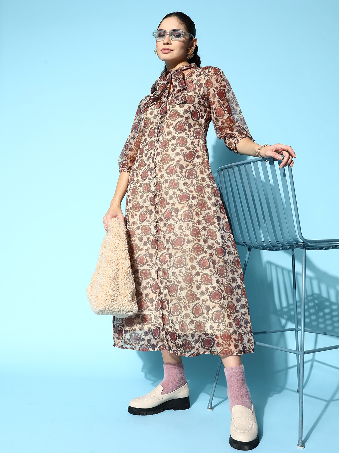 

Yufta Ethnic Motifs Tie-Up Neck A-Line Maxi Dress, Beige