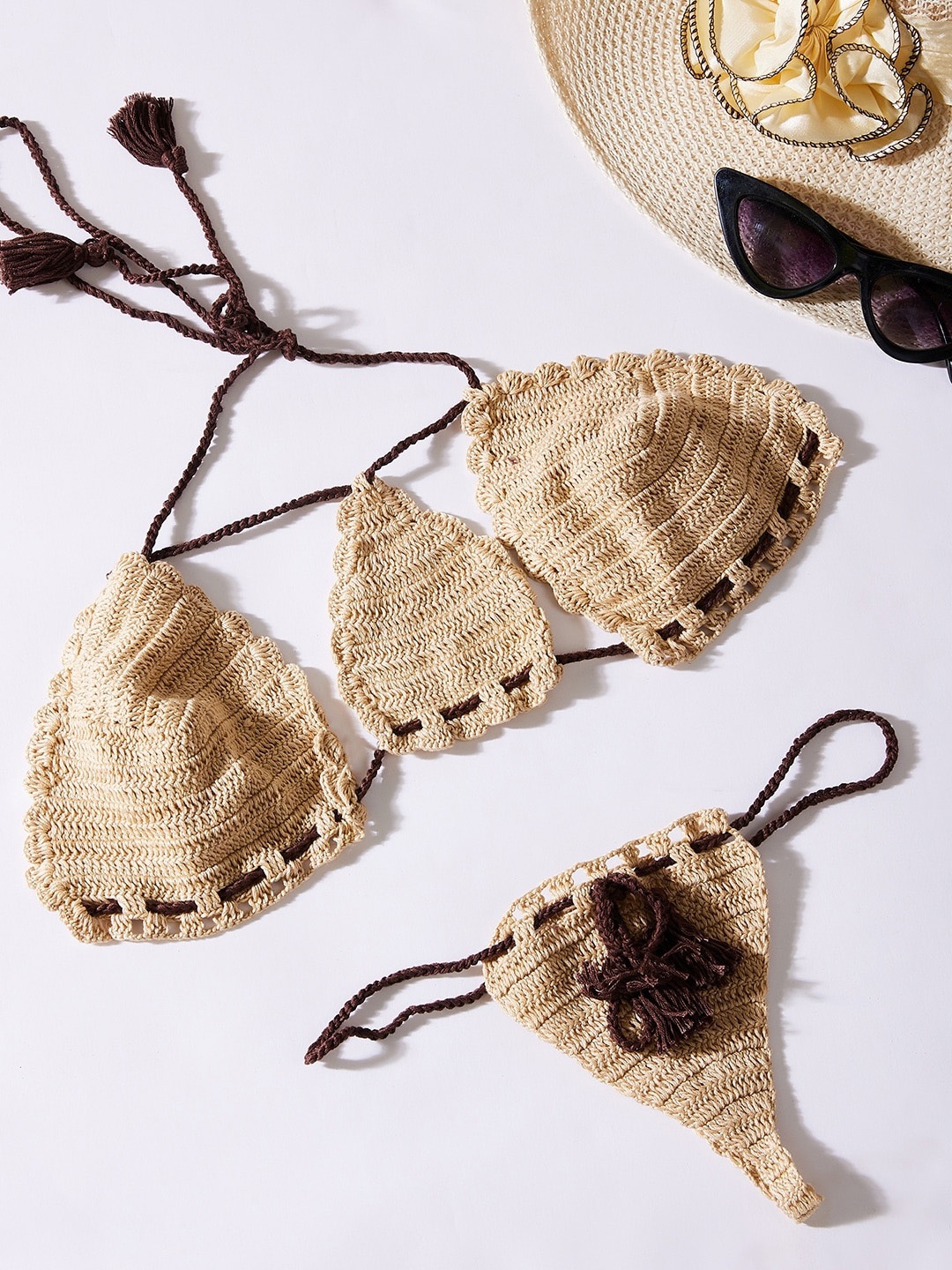 

SECRETS BY ZEROKAATA Women Self Design Pure Cotton Crochet Bikini Set, Nude