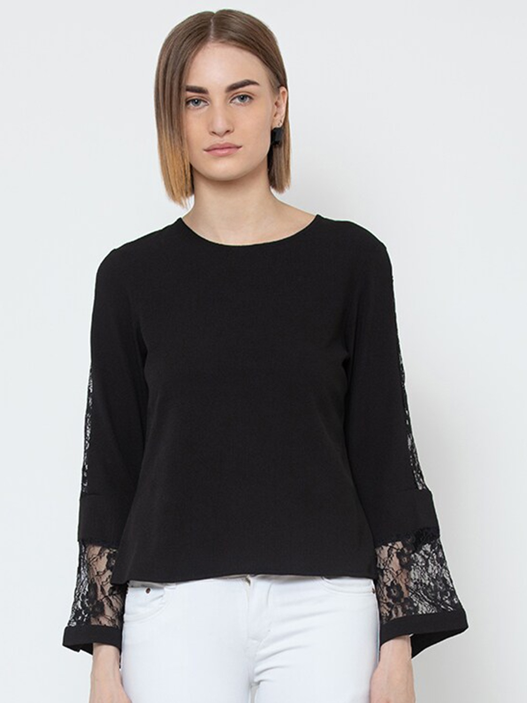 

DODO & MOA Round Neck Georgette Top, Black