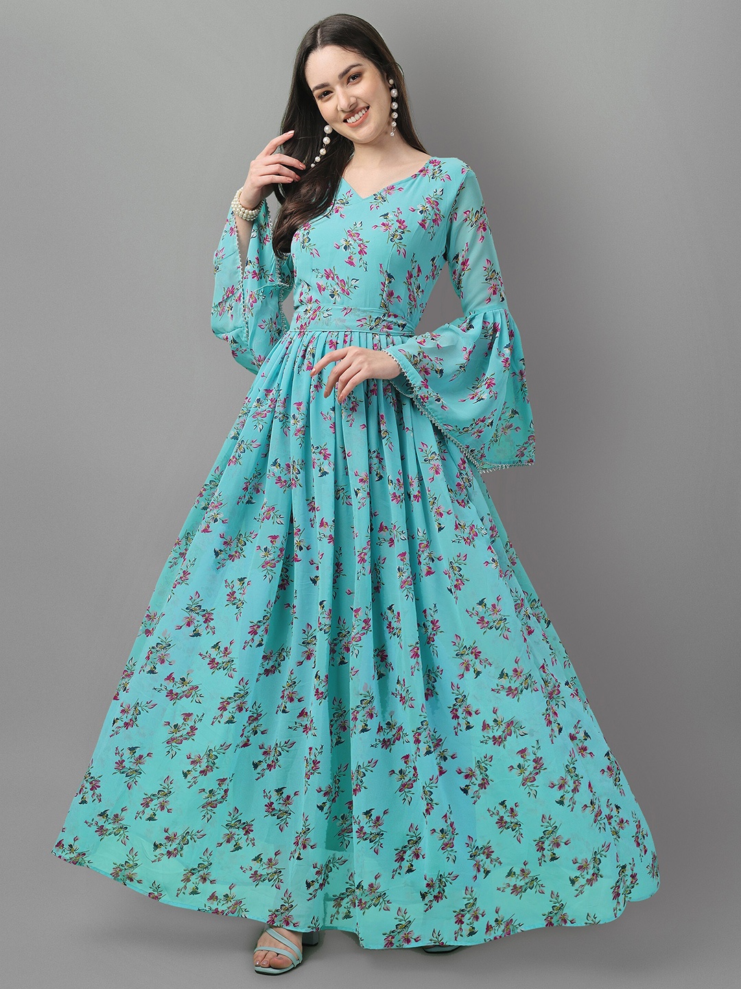 

ASPORA Floral Printed Bell Sleeveless Maxi Fit & Flare Dress, Blue