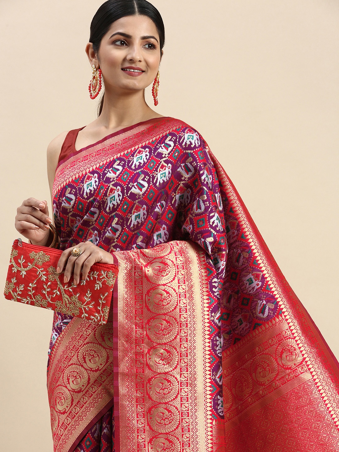 

SHANGRILA Woven Design Ethnic Motifs Zari Art Silk Patola Saree, Purple
