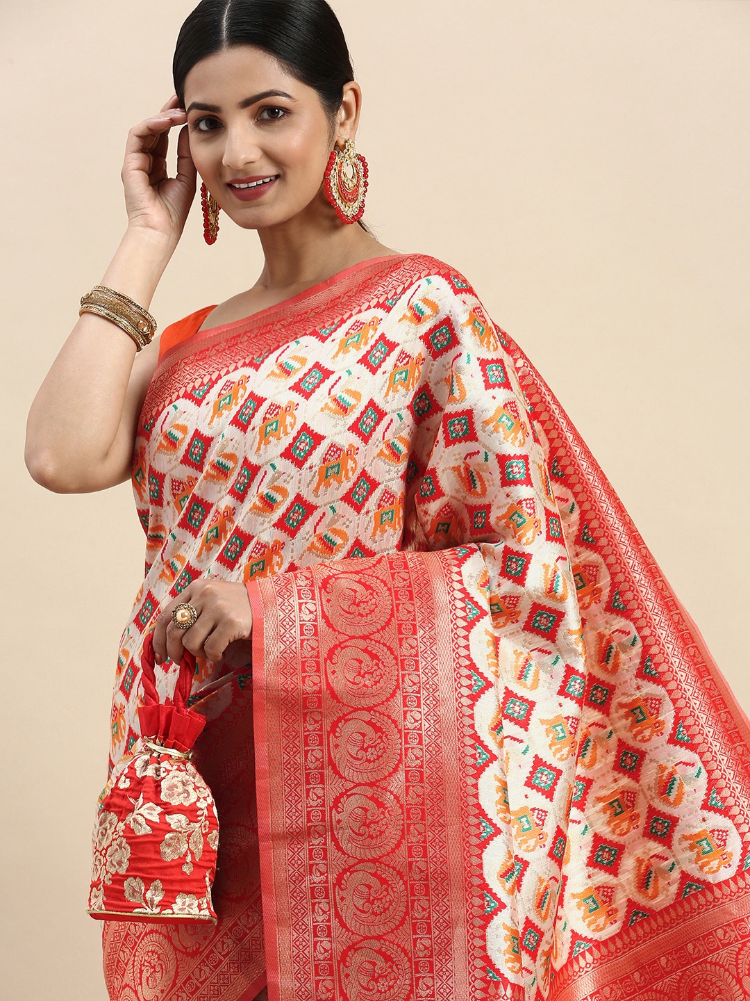 

SHANGRILA Woven Design Ethnic Motifs Zari Art Silk Patola Saree, Cream