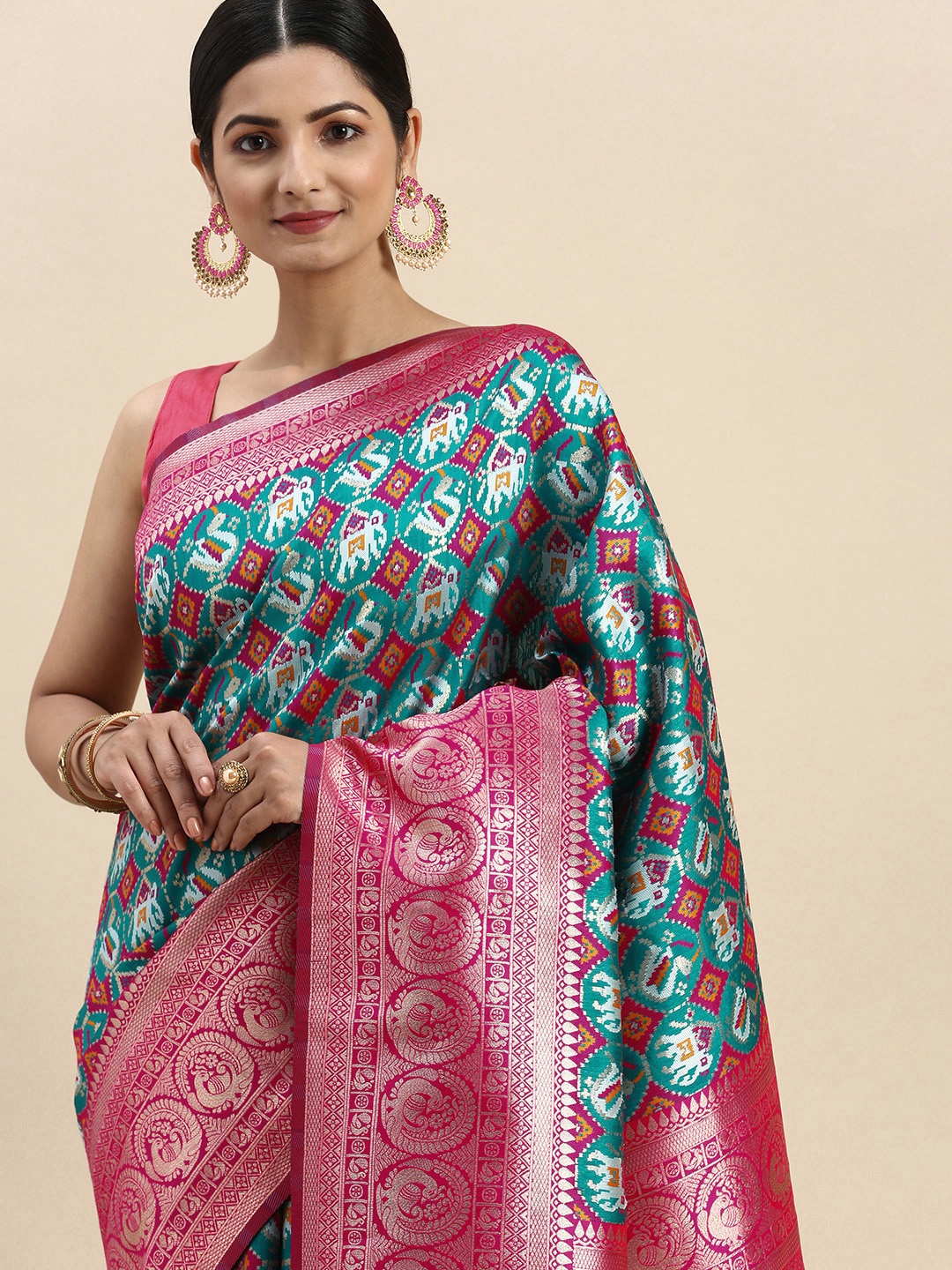 

SHANGRILA Woven Design Ethnic Motifs Zari Art Silk Patola Saree, Turquoise blue