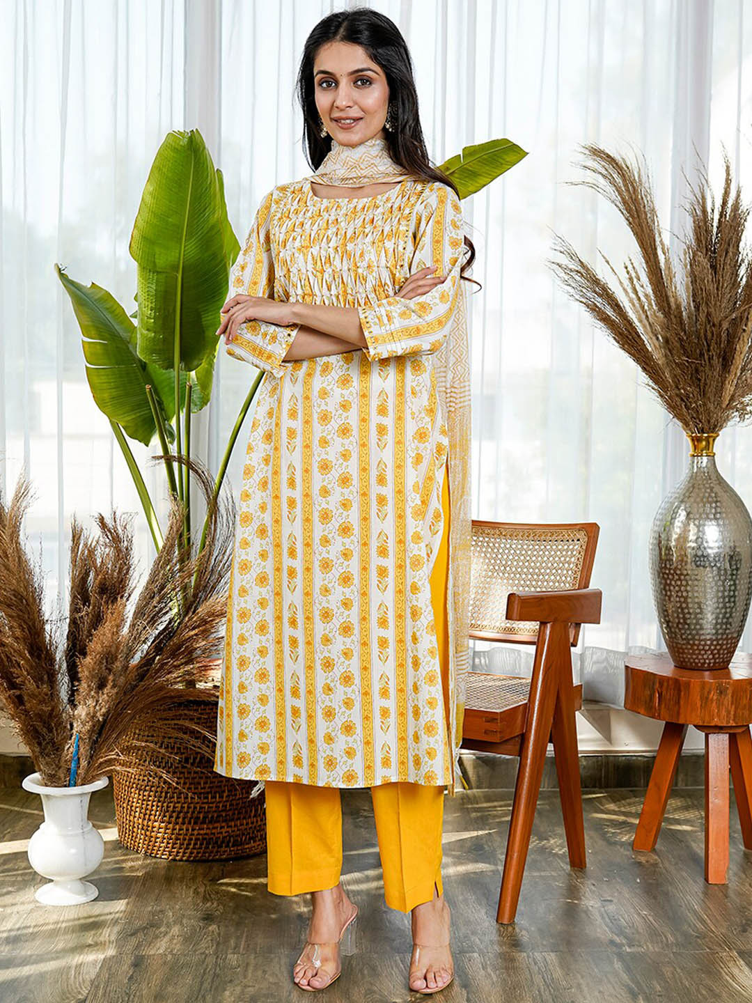 

KAMODINEE Women Floral Printed Mirror Work Pure Cotton Kurta With Trousers & Dupatta, Yellow