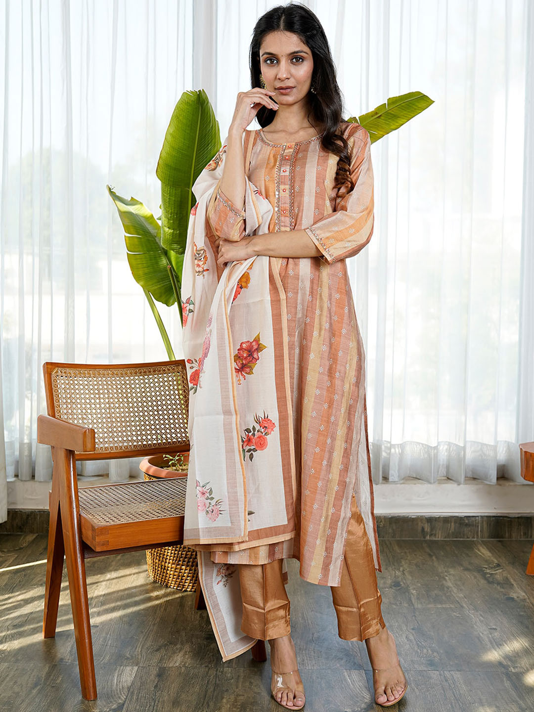 

KAMODINEE Women Striped Kurta With Trousers & Dupatta, Tan